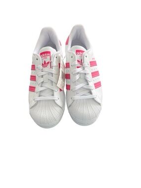 adidas Kids Shelltoe Sneakers in White with Pink Stripes